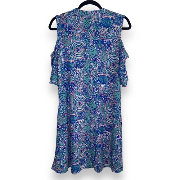 Simply Southern Seashell Print Cold Shoulder Dress Size Medium Blue Pink Stretch - Picture 4 of 9